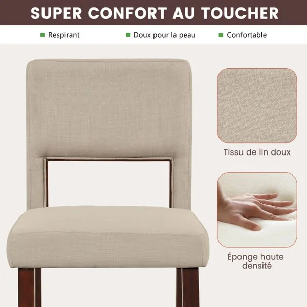 Lot de 2 Chaise Haute Bar avec Dossier et Repose-pieds Tabouret de Bar Rembourré Hauteur d’Assise 62 cm Comptoir Beige