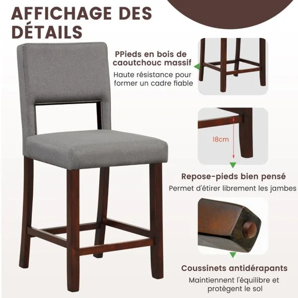 Lot de 2 Chaise Haute Bar avec Dossier et Repose-pieds Tabouret de Bar Rembourré Hauteur d’Assise 62 cm Comptoir Gris