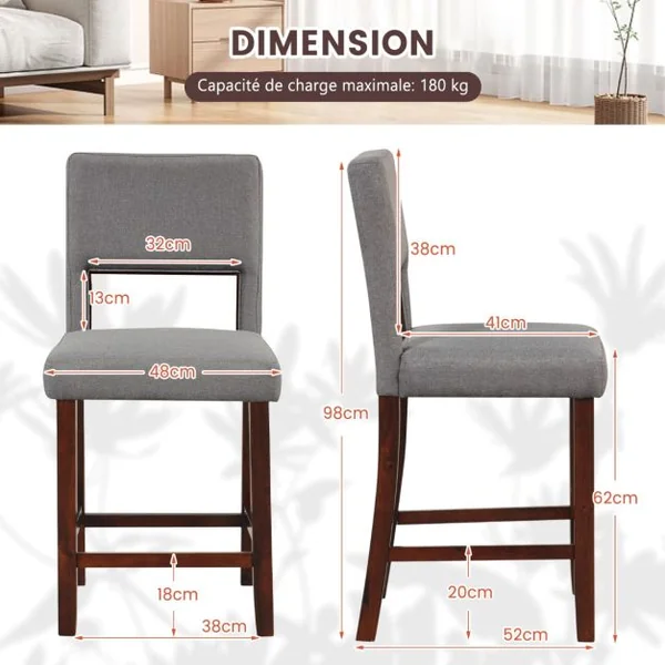 Lot de 2 Chaise Haute Bar avec Dossier et Repose-pieds Tabouret de Bar Rembourré Hauteur d’Assise 62 cm Comptoir Gris
