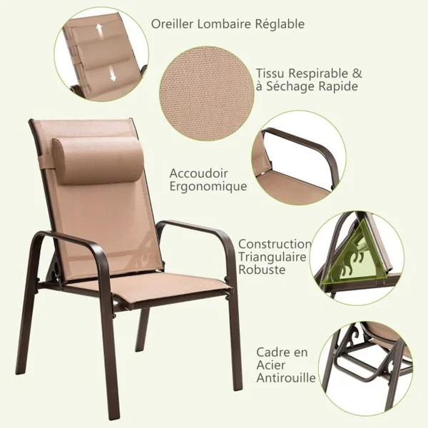 Lot de 2 Chaise Pliante avec Table Basse Dossier Réglable Tissu Teslin Charge Max 150kg pour Chaise 50kg pour Table Marron