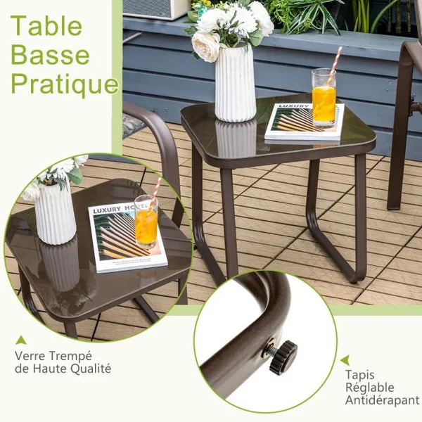 Lot de 2 Chaise Pliante avec Table Basse Dossier Réglable Tissu Teslin Charge Max 150kg pour Chaise 50kg pour Table Marron