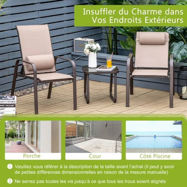 Lot de 2 Chaise Pliante avec Table Basse Dossier Réglable Tissu Teslin Charge Max 150kg pour Chaise 50kg pour Table Marron