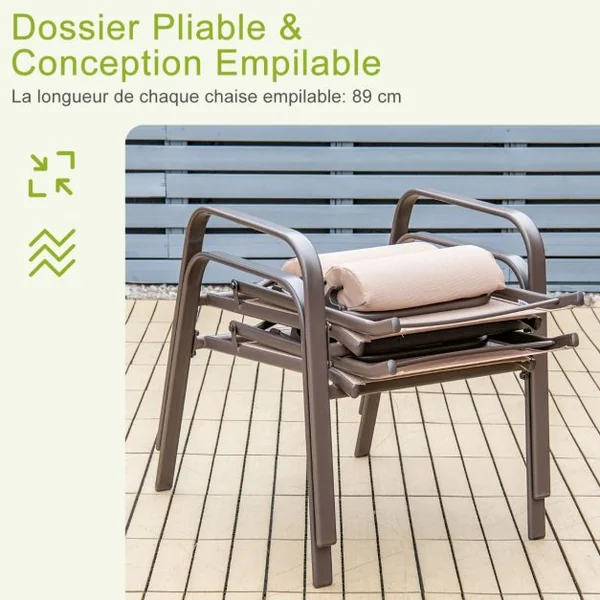 Lot de 2 Chaise Pliante avec Table Basse Dossier Réglable Tissu Teslin Charge Max 150kg pour Chaise 50kg pour Table Marron
