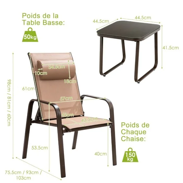 Lot de 2 Chaise Pliante avec Table Basse Dossier Réglable Tissu Teslin Charge Max 150kg pour Chaise 50kg pour Table Marron
