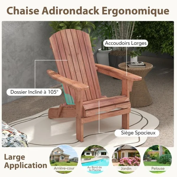 Lot de 2 Chaises Adirondack Pliantes Chaise Longue Pliante en Bois Dossier Haut Accoudoirs Larges Capacité 180 Kg Marron
