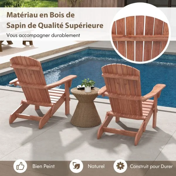 Lot de 2 Chaises Adirondack Pliantes Chaise Longue Pliante en Bois Dossier Haut Accoudoirs Larges Capacité 180 Kg Marron