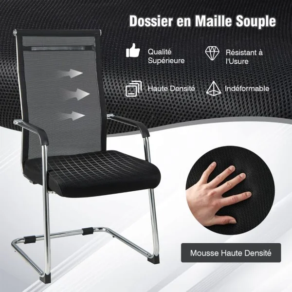 Lot de 2 Chaises Bureau Chaises Cantilever Ergonomique avec Accoudoirs Coussin et Dossier Haut Charge 150 KG Noir