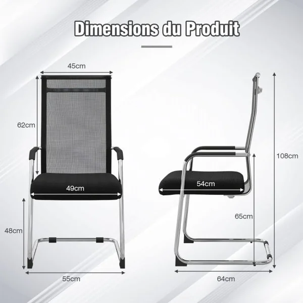 Lot de 2 Chaises Bureau Chaises Cantilever Ergonomique avec Accoudoirs Coussin et Dossier Haut Charge 150 KG Noir
