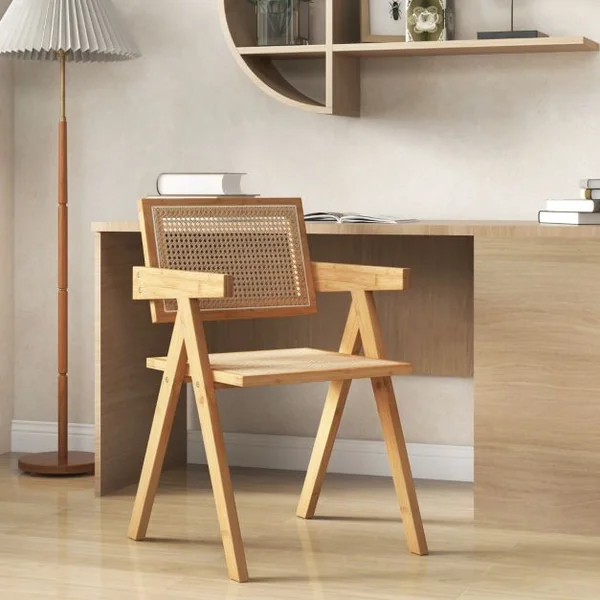 Lot de 2 Chaises d'Appoint Chaises Modernes du Milieu du Siècle Cadre en Bambou Naturel Dossier et Accoudoirs en Imitation Canne pour Cuisine Naturel