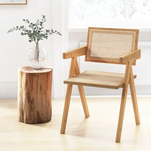 Lot de 2 Chaises d'Appoint Chaises Modernes du Milieu du Siècle Cadre en Bambou Naturel Dossier et Accoudoirs en Imitation Canne pour Cuisine Naturel