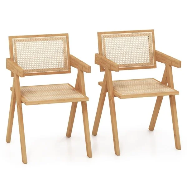 Lot de 2 Chaises d'Appoint Chaises Modernes du Milieu du Siècle Cadre en Bambou Naturel Dossier et Accoudoirs en Imitation Canne pour Cuisine Naturel