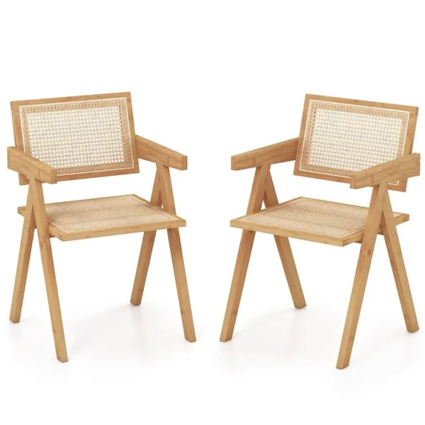 Lot de 2 Chaises d'Appoint Chaises Modernes du Milieu du Siècle Cadre en Bambou Naturel Dossier et Accoudoirs en Imitation Canne pour Cuisine Naturel