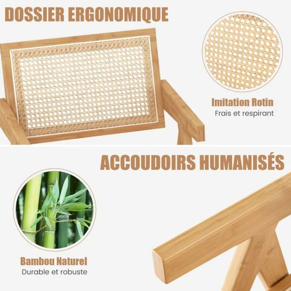 Lot de 2 Chaises d'Appoint Chaises Modernes du Milieu du Siècle Cadre en Bambou Naturel Dossier et Accoudoirs en Imitation Canne pour Cuisine Naturel