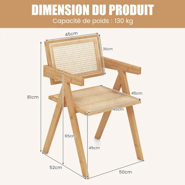 Lot de 2 Chaises d'Appoint Chaises Modernes du Milieu du Siècle Cadre en Bambou Naturel Dossier et Accoudoirs en Imitation Canne pour Cuisine Naturel