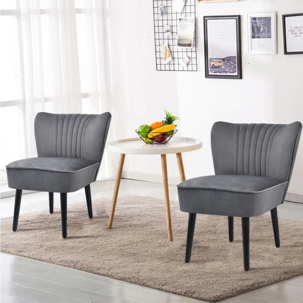 Lot de 2 Chaises d'Appoint en Velours Moderne Pieds en Bois de Caoutchouc Repose-pieds Antidérapants Dossier Ergonomique Siège Rembourré Gris