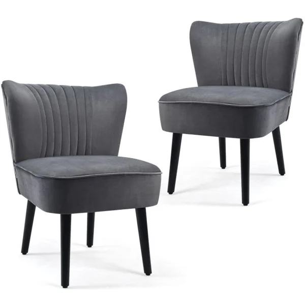Lot de 2 Chaises d'Appoint en Velours Moderne Pieds en Bois de Caoutchouc Repose-pieds Antidérapants Dossier Ergonomique Siège Rembourré Gris