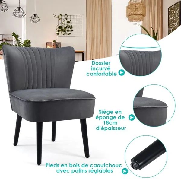 Lot de 2 Chaises d'Appoint en Velours Moderne Pieds en Bois de Caoutchouc Repose-pieds Antidérapants Dossier Ergonomique Siège Rembourré Gris