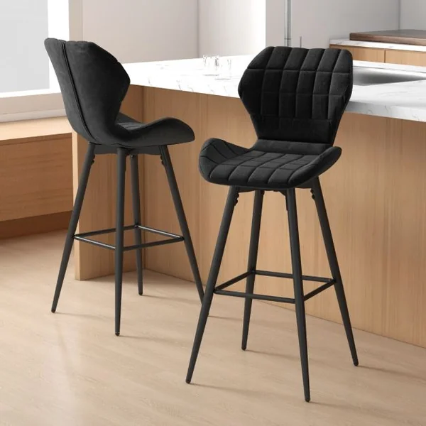 Lot de 2 Chaises de Bar Chaises Hautes Rembourrées Repose-Pieds Chaises de Cuisine Moderne en Métal Noir