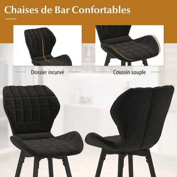 Lot de 2 Chaises de Bar Chaises Hautes Rembourrées Repose-Pieds Chaises de Cuisine Moderne en Métal Noir