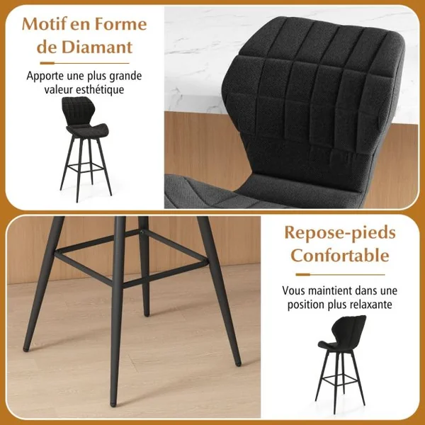 Lot de 2 Chaises de Bar Chaises Hautes Rembourrées Repose-Pieds Chaises de Cuisine Moderne en Métal Noir