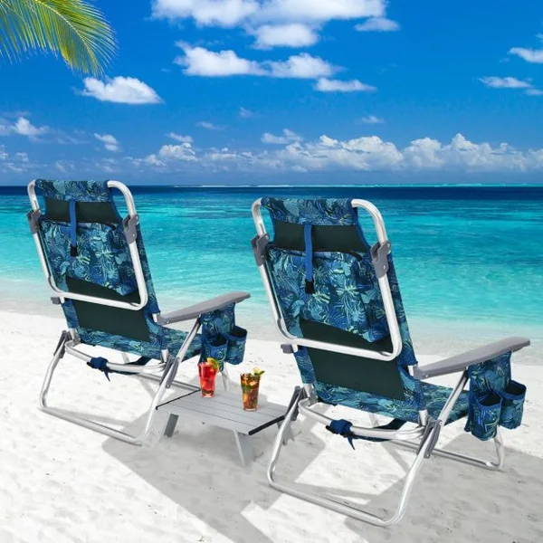 Lot de 2 Chaises de Camping Plage Pliante Table Enroulable en Aluminium Appui-tête Dossier Réglable à 5 Positions 6 Couleurs au Choix