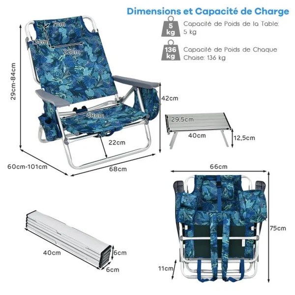 Lot de 2 Chaises de Camping Plage Pliante Table Enroulable en Aluminium Appui-tête Dossier Réglable à 5 Positions 6 Couleurs au Choix