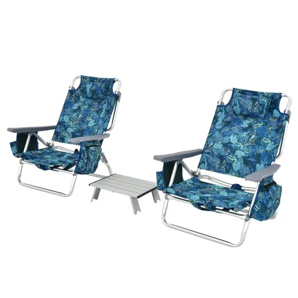 Lot de 2 Chaises de Camping Plage Pliante Table Enroulable en Aluminium Appui-tête Dossier Réglable à 5 Positions 6 Couleurs au Choix