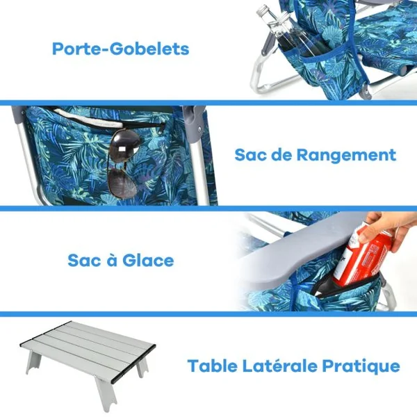 Lot de 2 Chaises de Camping Plage Pliante Table Enroulable en Aluminium Appui-tête Dossier Réglable à 5 Positions 6 Couleurs au Choix
