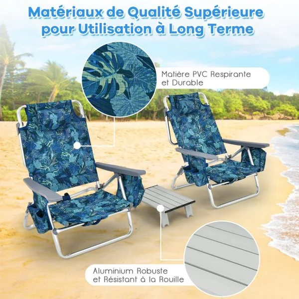 Lot de 2 Chaises de Camping Plage Pliante Table Enroulable en Aluminium Appui-tête Dossier Réglable à 5 Positions 6 Couleurs au Choix