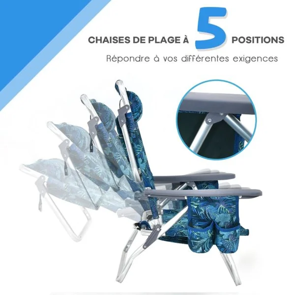 Lot de 2 Chaises de Camping Plage Pliante Table Enroulable en Aluminium Appui-tête Dossier Réglable à 5 Positions 6 Couleurs au Choix