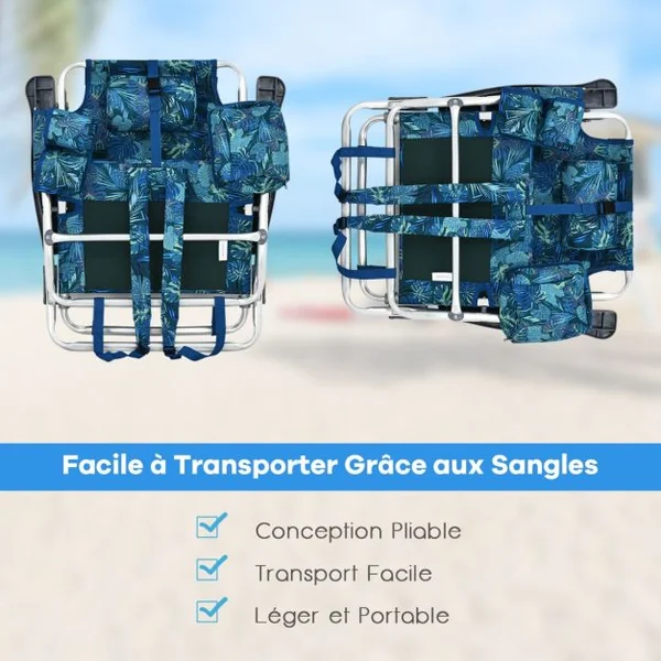 Lot de 2 Chaises de Camping Plage Pliante Table Enroulable en Aluminium Appui-tête Dossier Réglable à 5 Positions 6 Couleurs au Choix