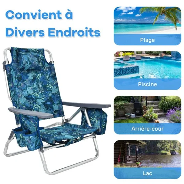 Lot de 2 Chaises de Camping Plage Pliante Table Enroulable en Aluminium Appui-tête Dossier Réglable à 5 Positions 6 Couleurs au Choix