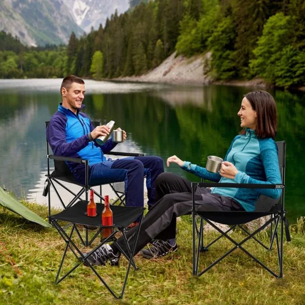 Lot de 2 Chaises de Camping Pliante Charge180KG Table d'Appoint Porte-gobelets Poches de Rangement Pique-nique Pêche Noir