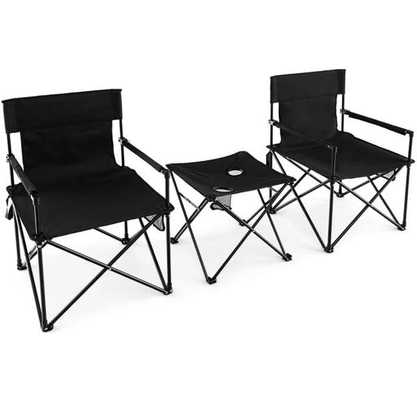 Lot de 2 Chaises de Camping Pliante Charge180KG Table d'Appoint Porte-gobelets Poches de Rangement Pique-nique Pêche Noir