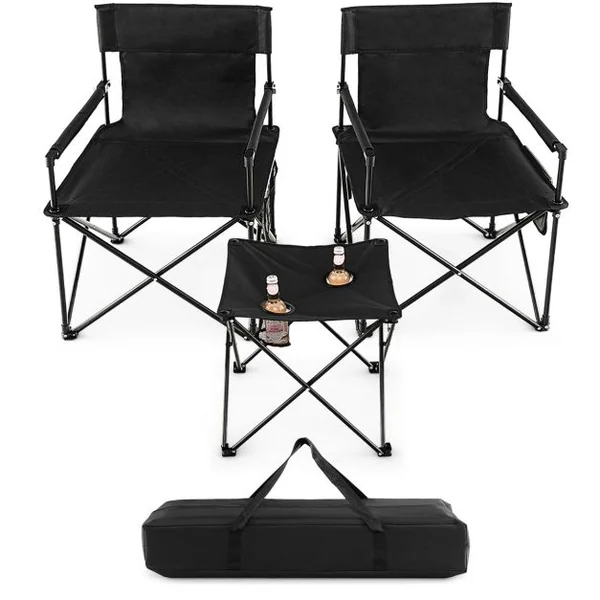 Lot de 2 Chaises de Camping Pliante Charge180KG Table d'Appoint Porte-gobelets Poches de Rangement Pique-nique Pêche Noir
