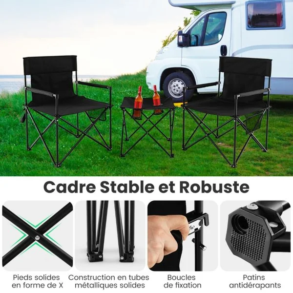 Lot de 2 Chaises de Camping Pliante Charge180KG Table d'Appoint Porte-gobelets Poches de Rangement Pique-nique Pêche Noir