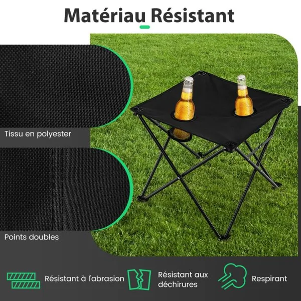 Lot de 2 Chaises de Camping Pliante Charge180KG Table d'Appoint Porte-gobelets Poches de Rangement Pique-nique Pêche Noir