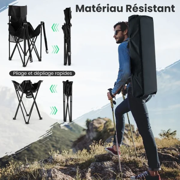 Lot de 2 Chaises de Camping Pliante Charge180KG Table d'Appoint Porte-gobelets Poches de Rangement Pique-nique Pêche Noir