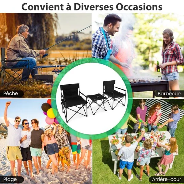 Lot de 2 Chaises de Camping Pliante Charge180KG Table d'Appoint Porte-gobelets Poches de Rangement Pique-nique Pêche Noir