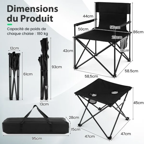Lot de 2 Chaises de Camping Pliante Charge180KG Table d'Appoint Porte-gobelets Poches de Rangement Pique-nique Pêche Noir