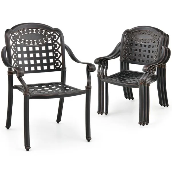 Lot de 2 Chaises de Jardin Empilable en Aluminium Coulé Fauteuil de Jardin avec Pieds Réglables et Siège Incurvé Blanc