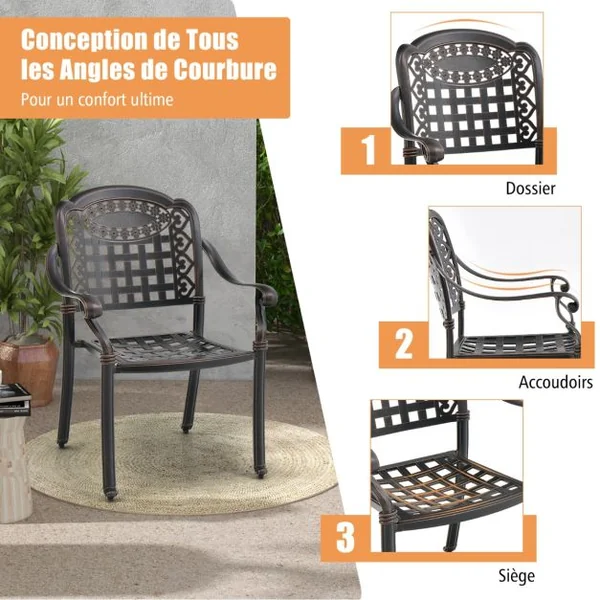 Lot de 2 Chaises de Jardin Empilable en Aluminium Coulé Fauteuil de Jardin avec Pieds Réglables et Siège Incurvé Blanc