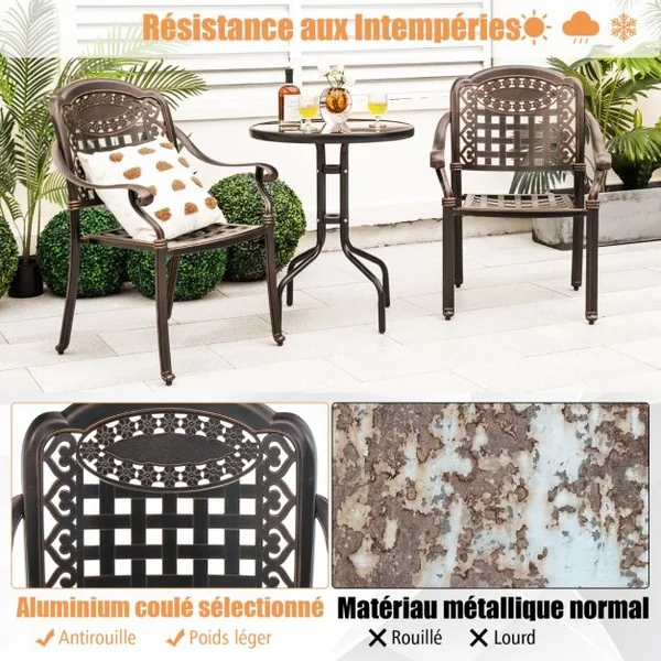 Lot de 2 Chaises de Jardin Empilable en Aluminium Coulé Fauteuil de Jardin avec Pieds Réglables et Siège Incurvé Blanc