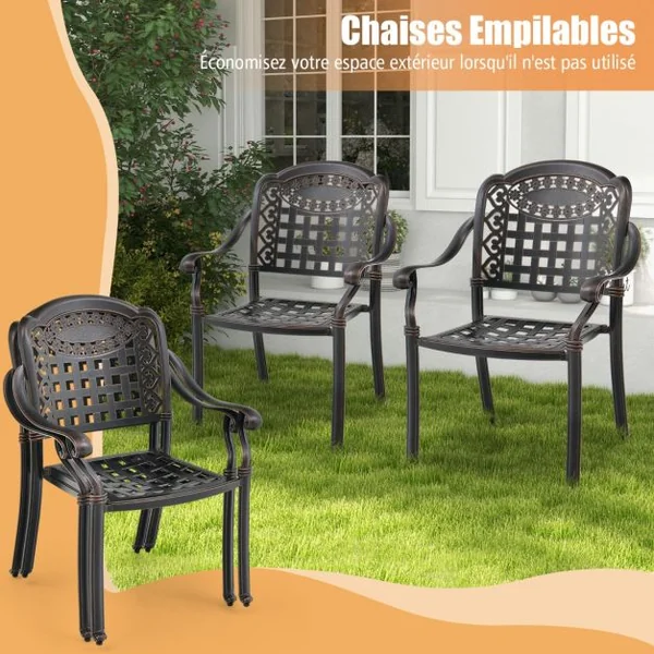 Lot de 2 Chaises de Jardin Empilable en Aluminium Coulé Fauteuil de Jardin avec Pieds Réglables et Siège Incurvé Blanc