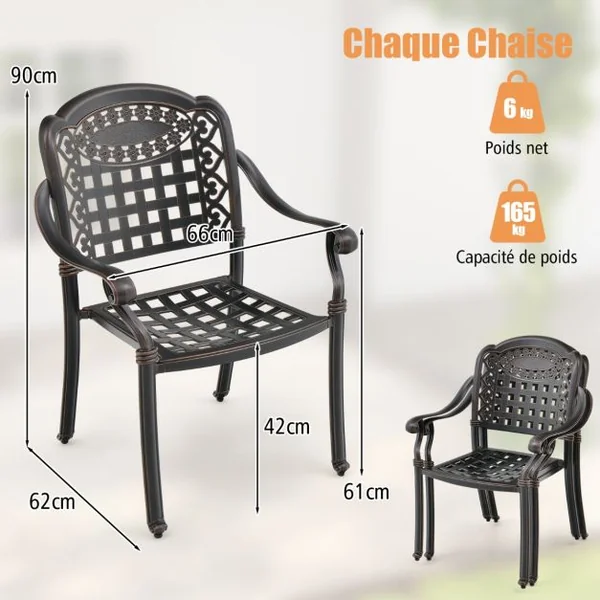 Lot de 2 Chaises de Jardin Empilable en Aluminium Coulé Fauteuil de Jardin avec Pieds Réglables et Siège Incurvé Blanc