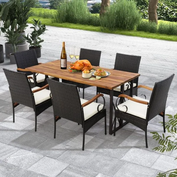 Lot de 2 Chaises de Jardin en Rotin PE Anti-UV Charge 180 KG Accoudoirs en Acacia Pieds Réglables et Coussins Lavables