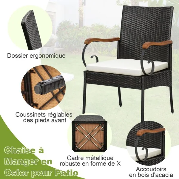 Lot de 2 Chaises de Jardin en Rotin PE Anti-UV Charge 180 KG Accoudoirs en Acacia Pieds Réglables et Coussins Lavables