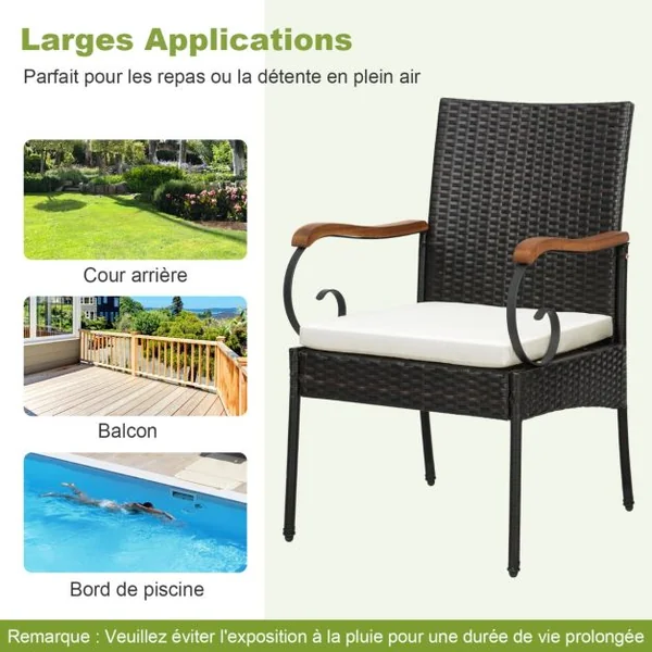 Lot de 2 Chaises de Jardin en Rotin PE Anti-UV Charge 180 KG Accoudoirs en Acacia Pieds Réglables et Coussins Lavables