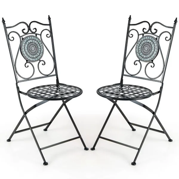 Lot de 2 Chaises de Jardin Pliantes en Métal Dossier Décoratif à Motifs Mosaïque Patins Antidérapants Intérieur Extérieur