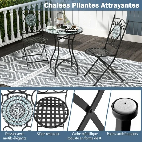 Lot de 2 Chaises de Jardin Pliantes en Métal Dossier Décoratif à Motifs Mosaïque Patins Antidérapants Intérieur Extérieur